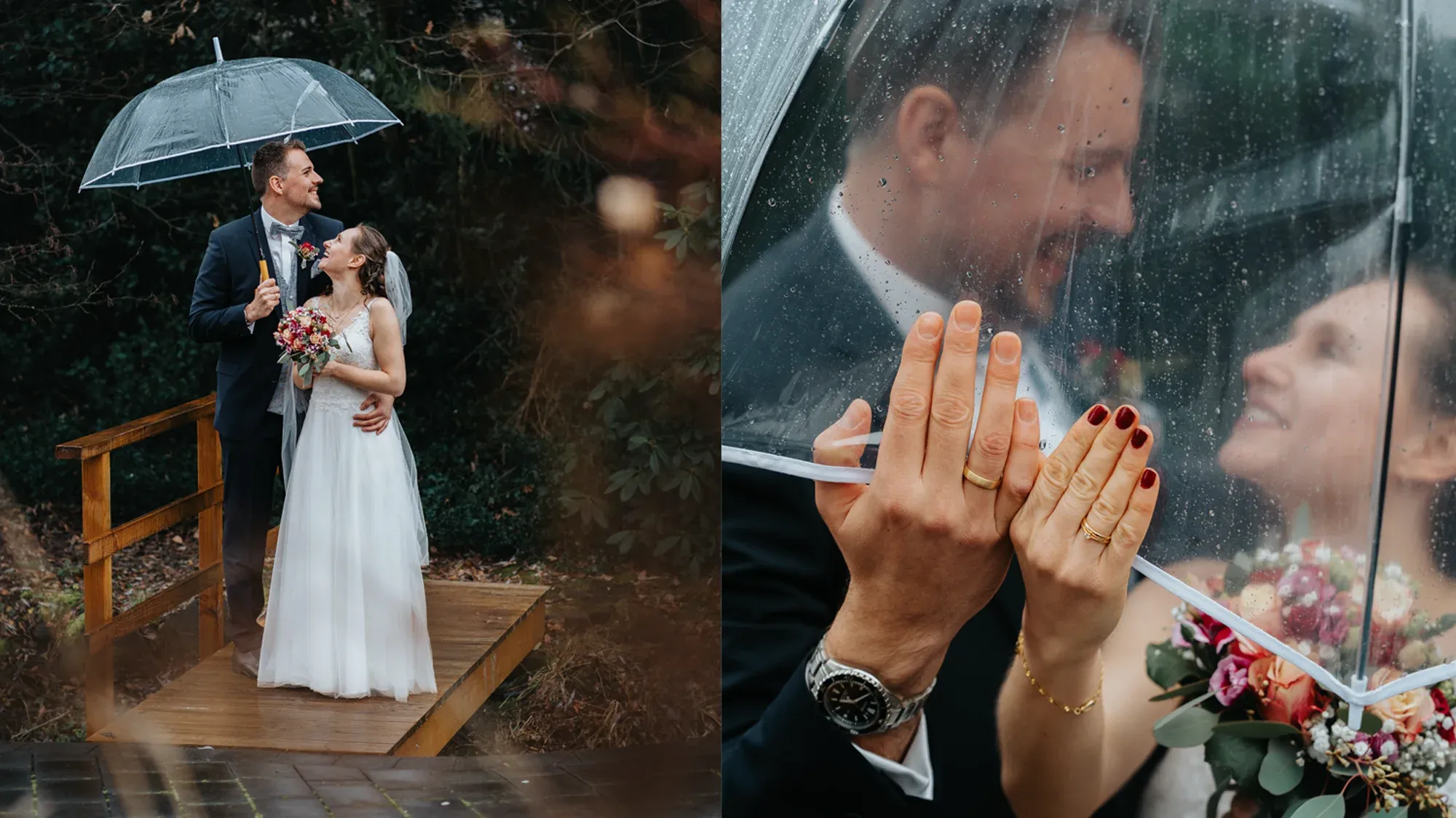 Brautpaar mit Regenschirm auf einer nassen Brücke