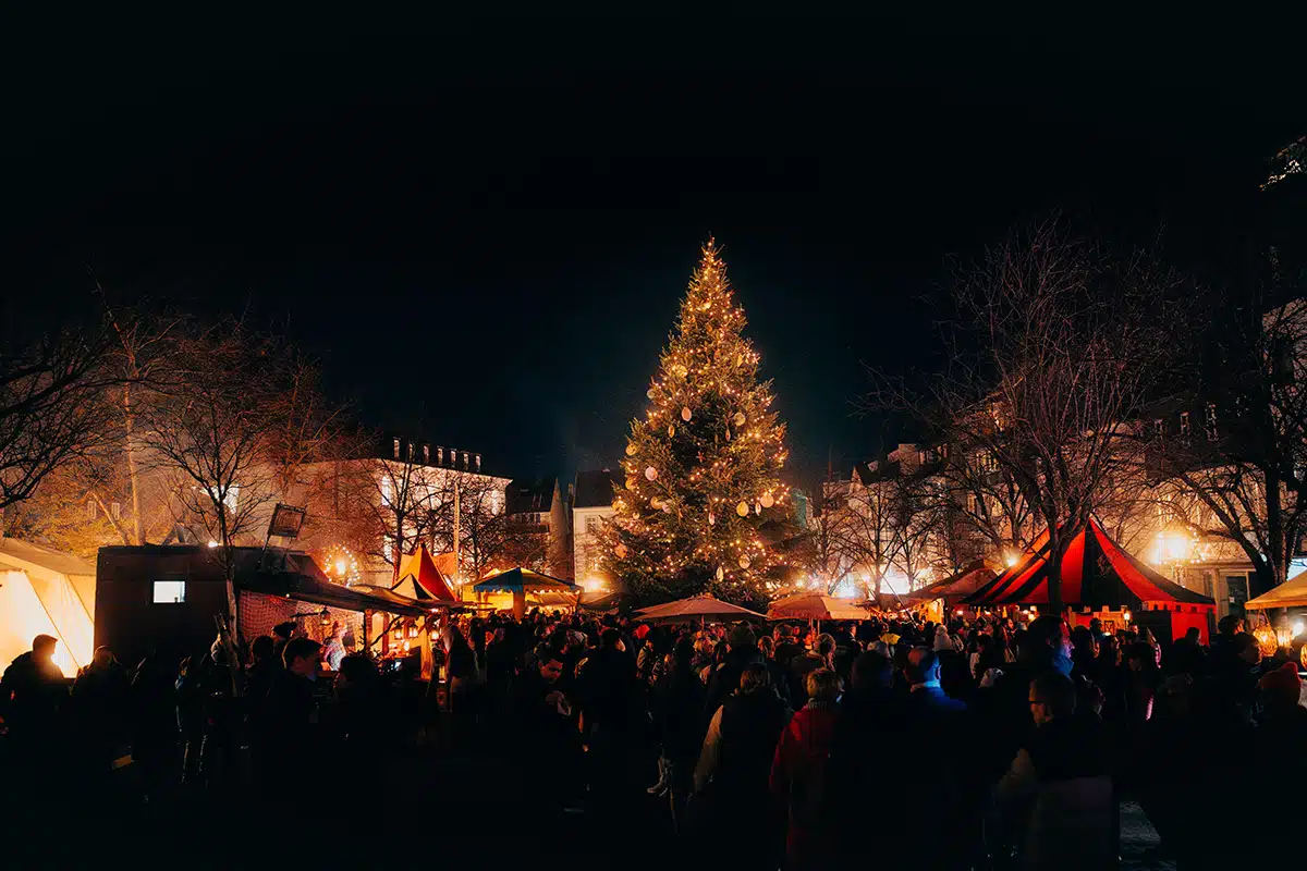 Der große Weihnachtsbaum auf dem mittelalterlichen Markt in Siegburg.